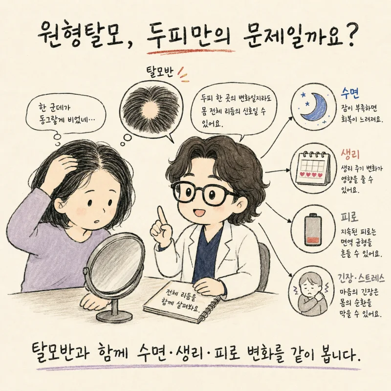 원형탈모와 생리불순이 같이 왔다면, 두피만 봐도 될까요? | 인천 송도 원형탈모
