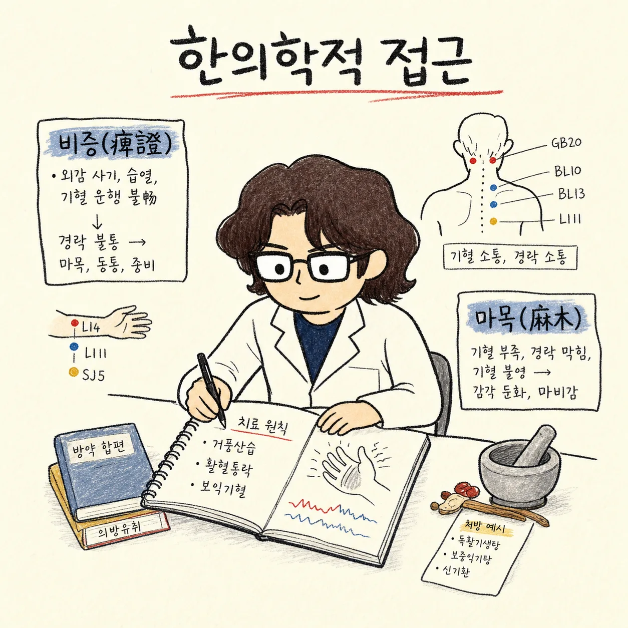 진료노트 — 손끝 발끝 통신선 은유, 막힌 미세순환 도식