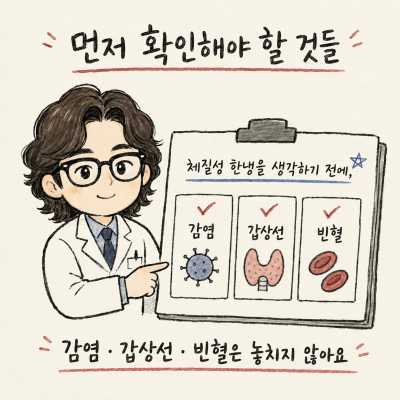 먼저 놓치지 않아야 할 것은 감염·갑상선·빈혈이에요