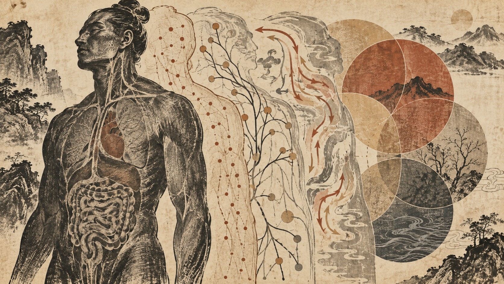 한 사람의 몸을 여러 겹의 관찰과 관계와 흐름으로 겹쳐 표현한 먹선과 황토색 계열의 개념적 삽화