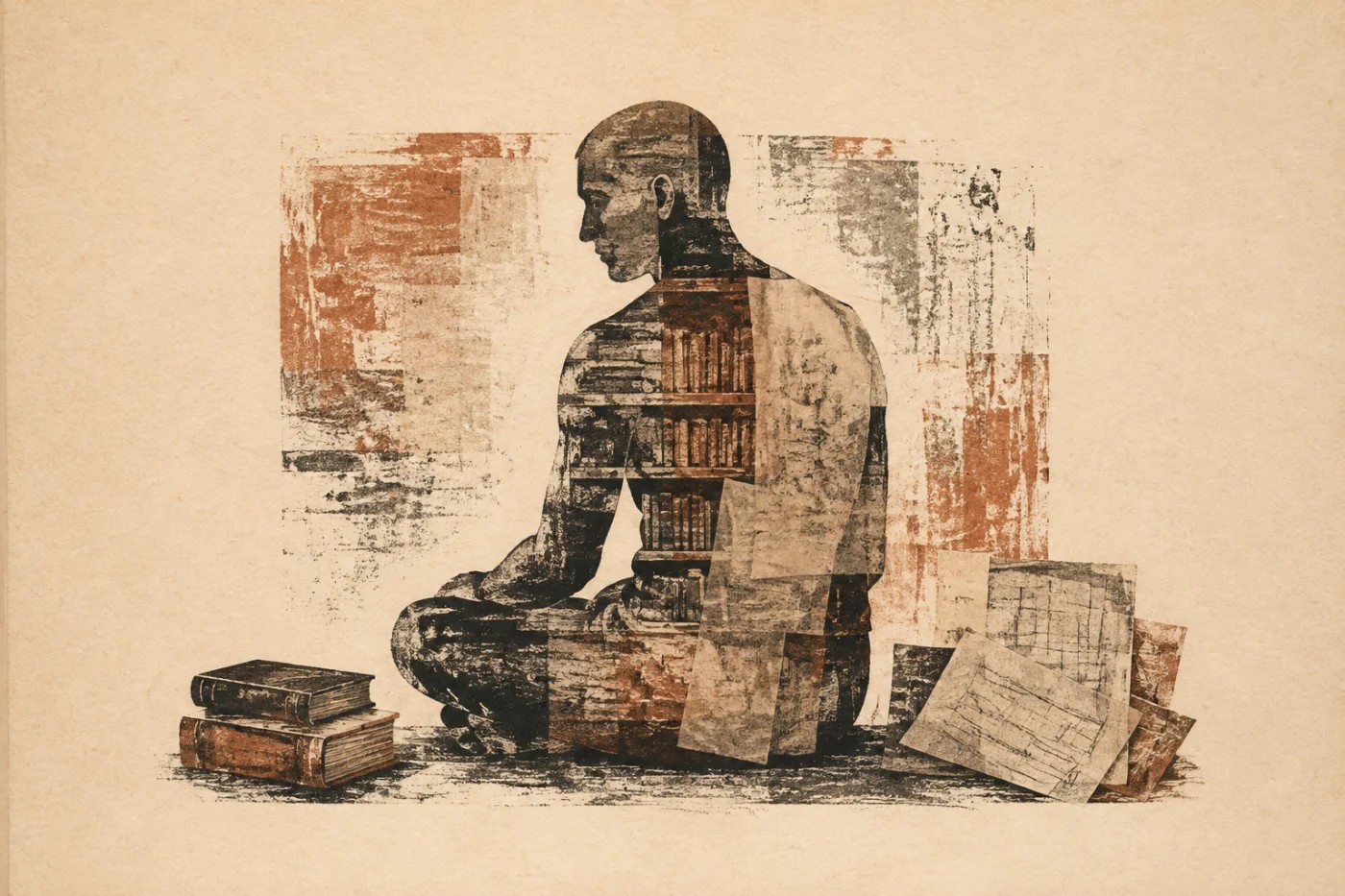 종이와 기록의 층이 몸통에 겹쳐진 앉은 인물을 먹색과 바랜 적색으로 표현한 학술지풍 판화