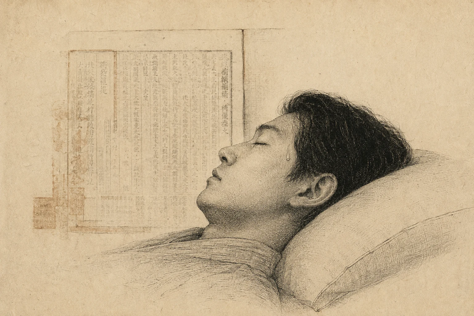잠든 사람의 옆얼굴과 관자놀이의 땀 한 방울을 오래된 의서의 흔적과 함께 새긴 먹색·갈색 판화풍 표지화