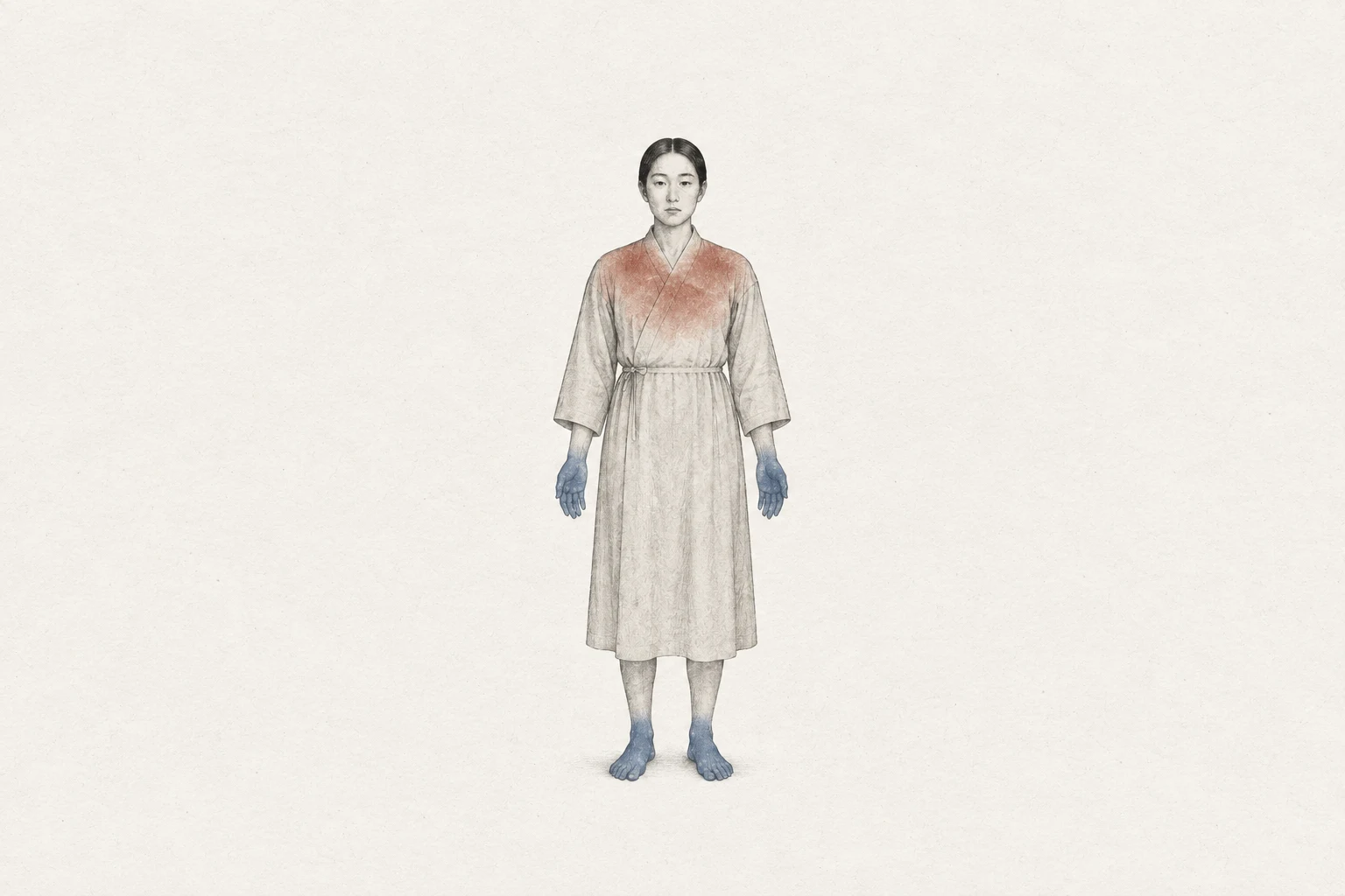 한 사람의 윤곽 안에 상체의 붉은 인쇄색과 손발의 청회색을 놓은 1980년대 학술지풍 표지화